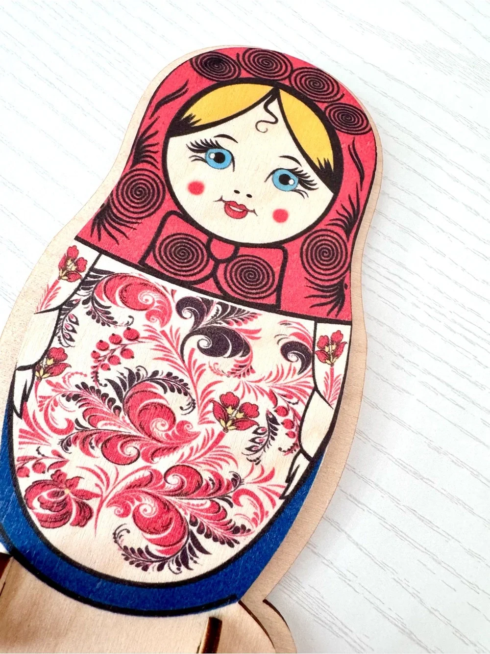Matryoshka Doll Wooden Wall Hook Key Holder - Red and Blue Accent